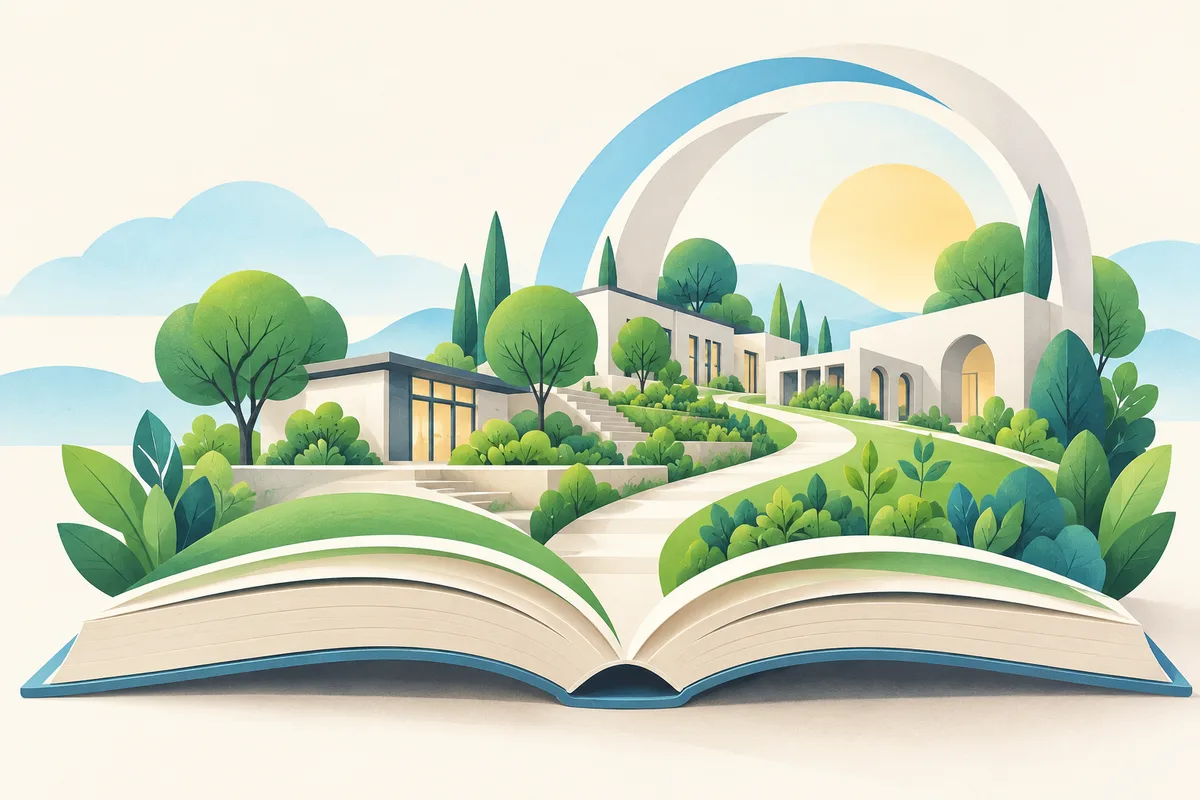 Illustration of an open book unfolding into a green community with accessible pathways.