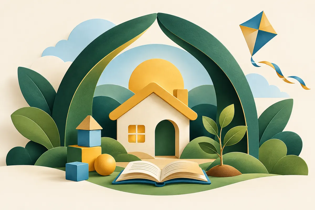 Illustration of a sheltered home, storybook, kite and building blocks.
