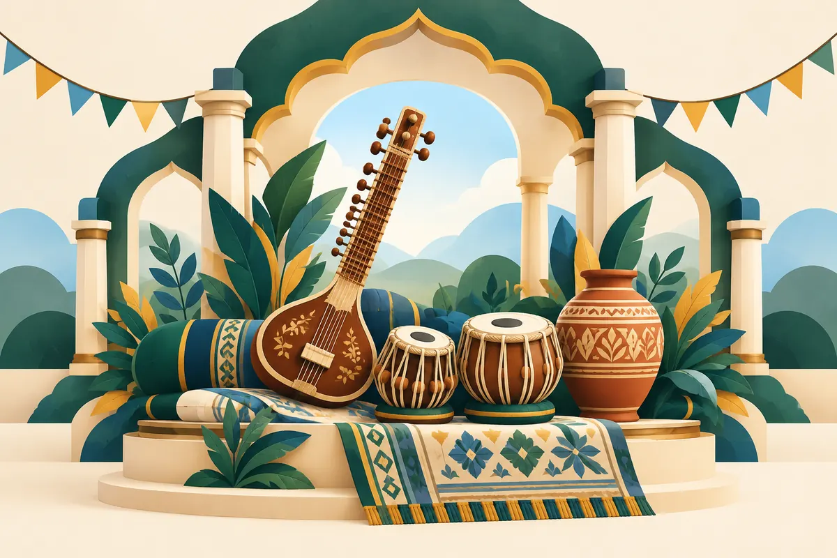 Illustration of musical instruments, pottery and woven textiles in a pavilion.