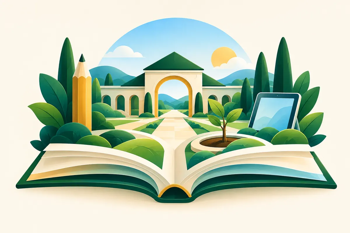 Illustration of an open book, learning courtyard, pencil and digital tablet.