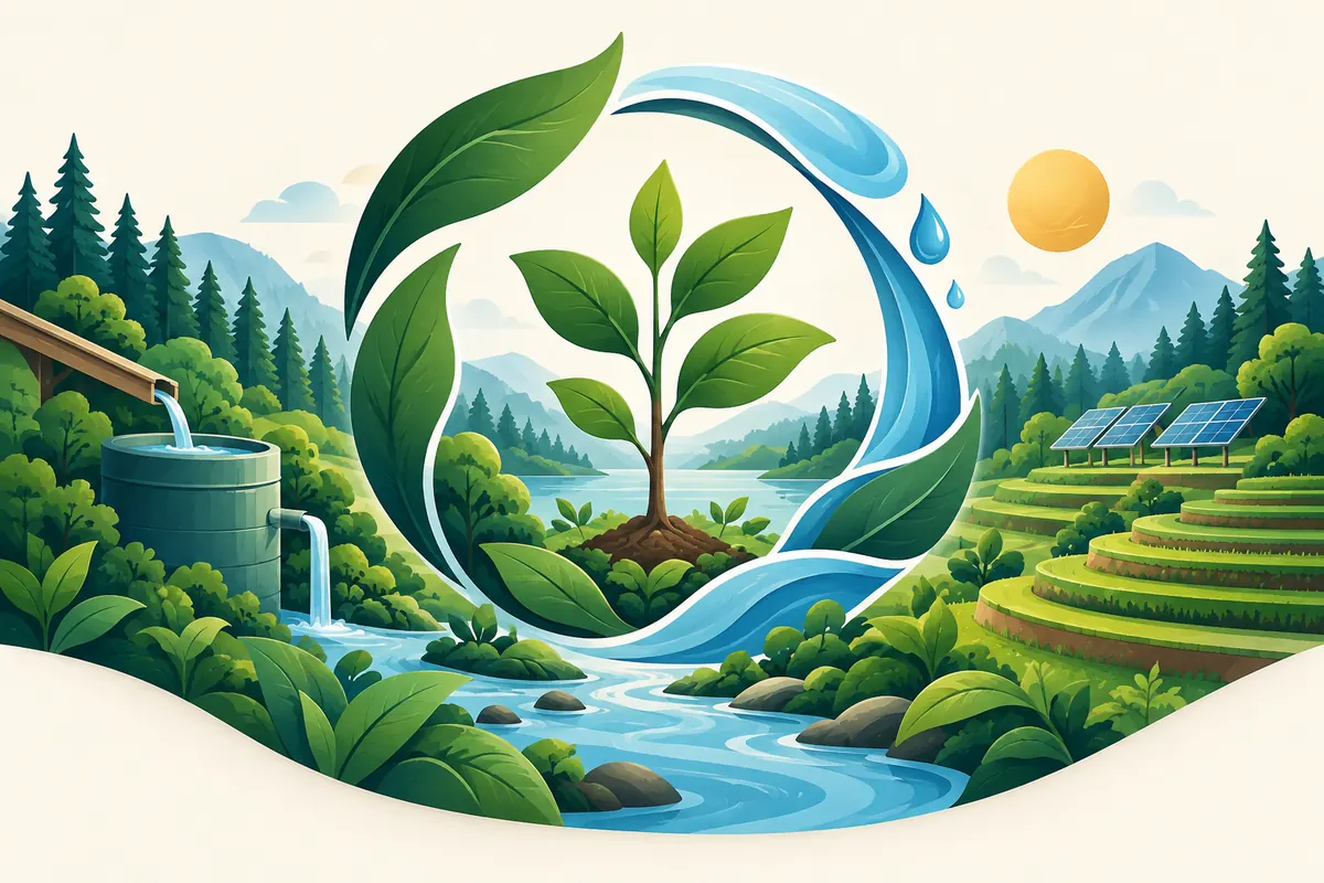 Illustration of a sapling, flowing water, forest and solar panels.