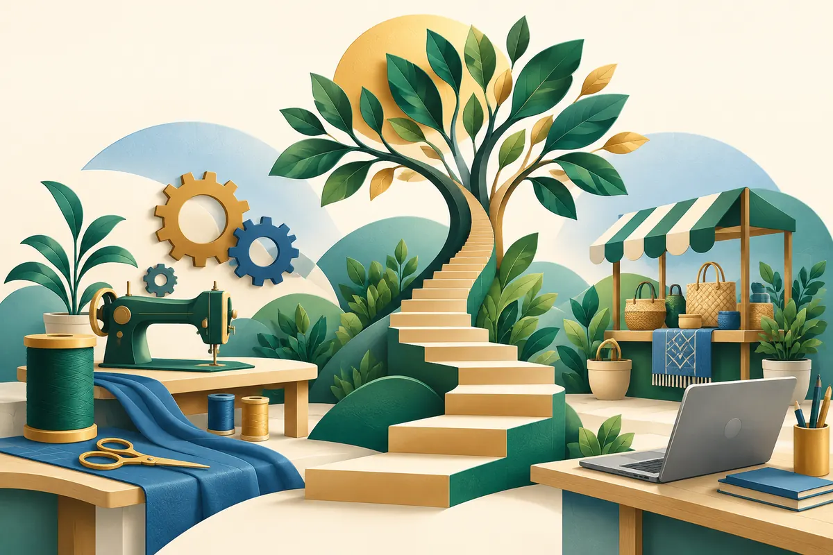 Illustration of a skills workshop, sewing machine, market and growing tree.
