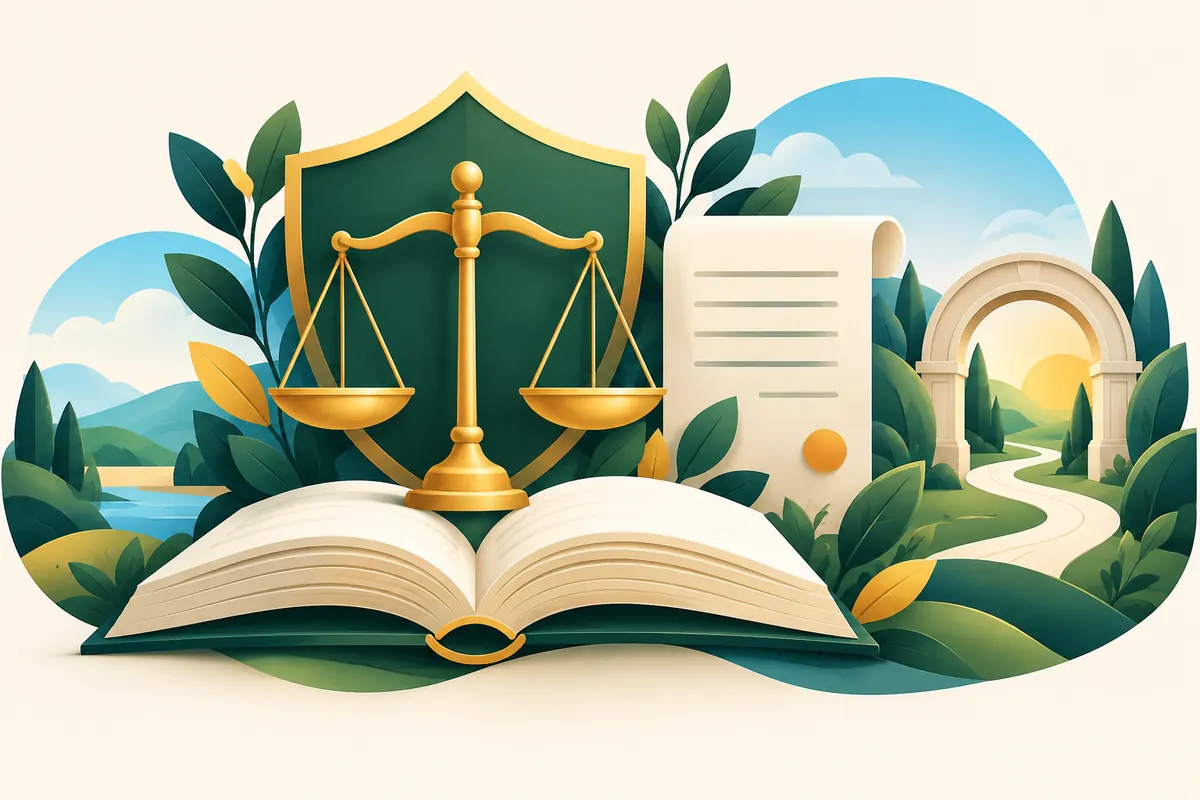 Illustration of balanced scales, an open book and protective shield.