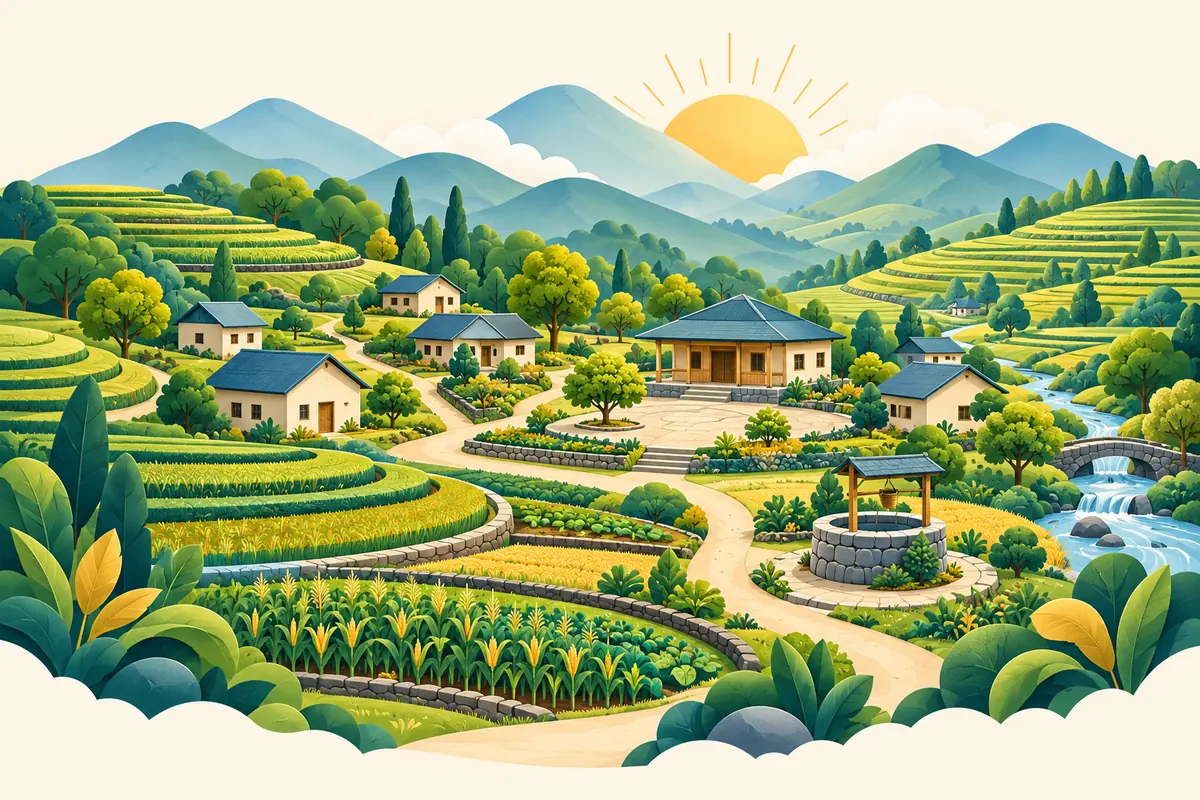 Illustration of village homes, community paths, fields and a water well.