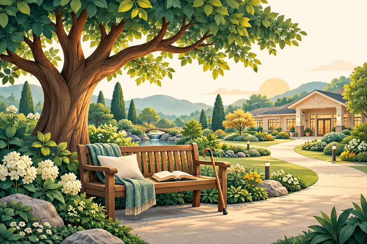 Illustration of a peaceful garden bench, walking cane and community home.