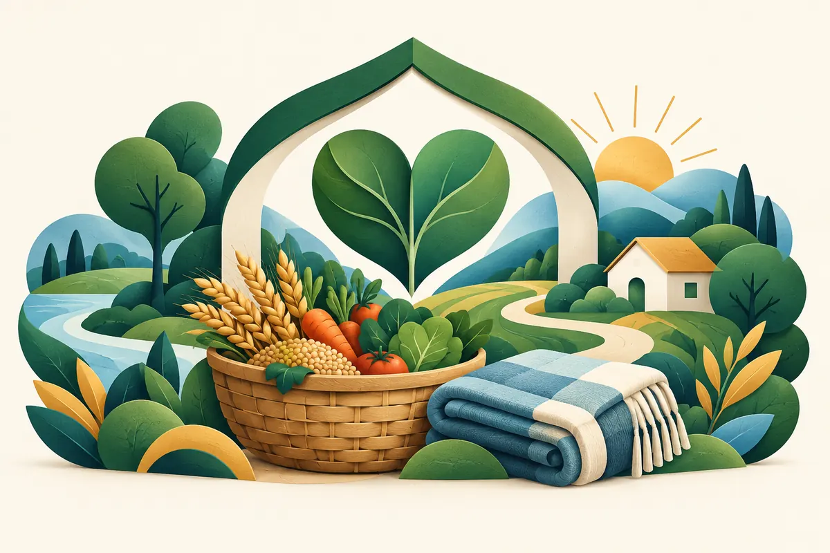 Illustration of a shelter, heart-shaped leaf, food basket and blanket.